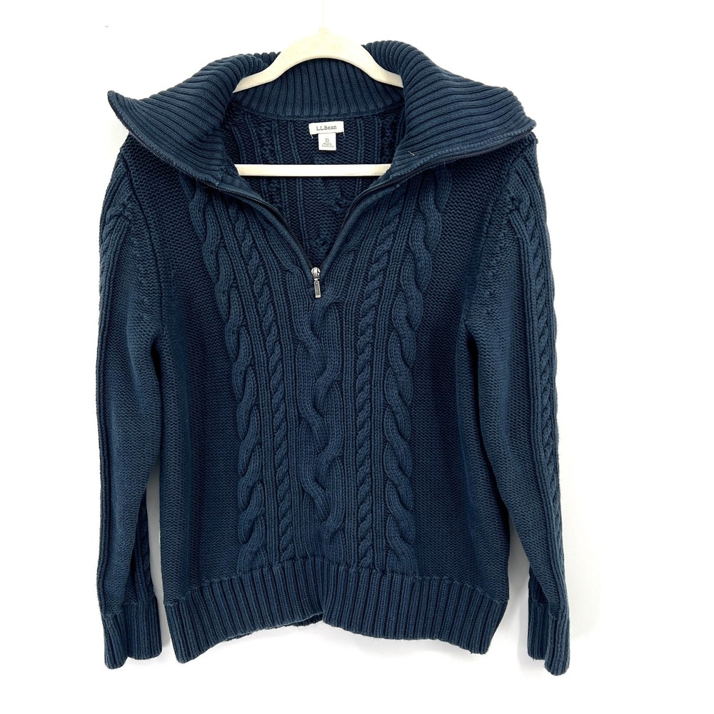 L.L. Bean quarter zip cable knit navy blue 100% cotton classic fisherman sweater